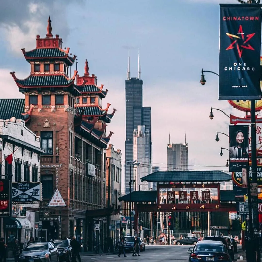 Chicago's Chinatown Gate with the Sears Tower in the background
