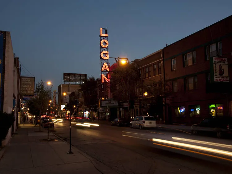 The Logan Theater in Logan Square in the evening