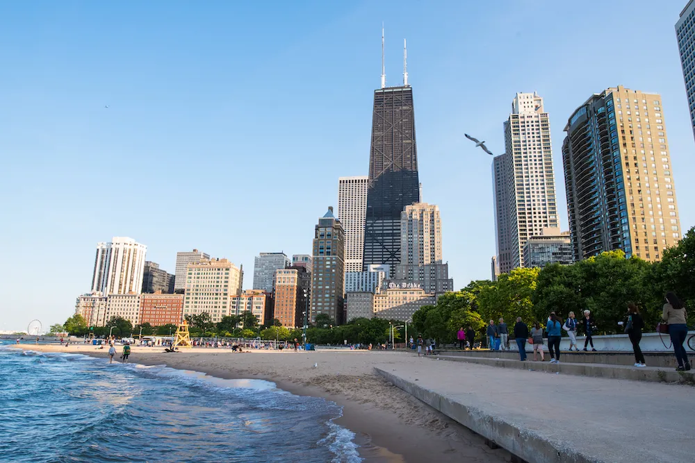 A view south of Oak Street Beach and skyscrapers in River North