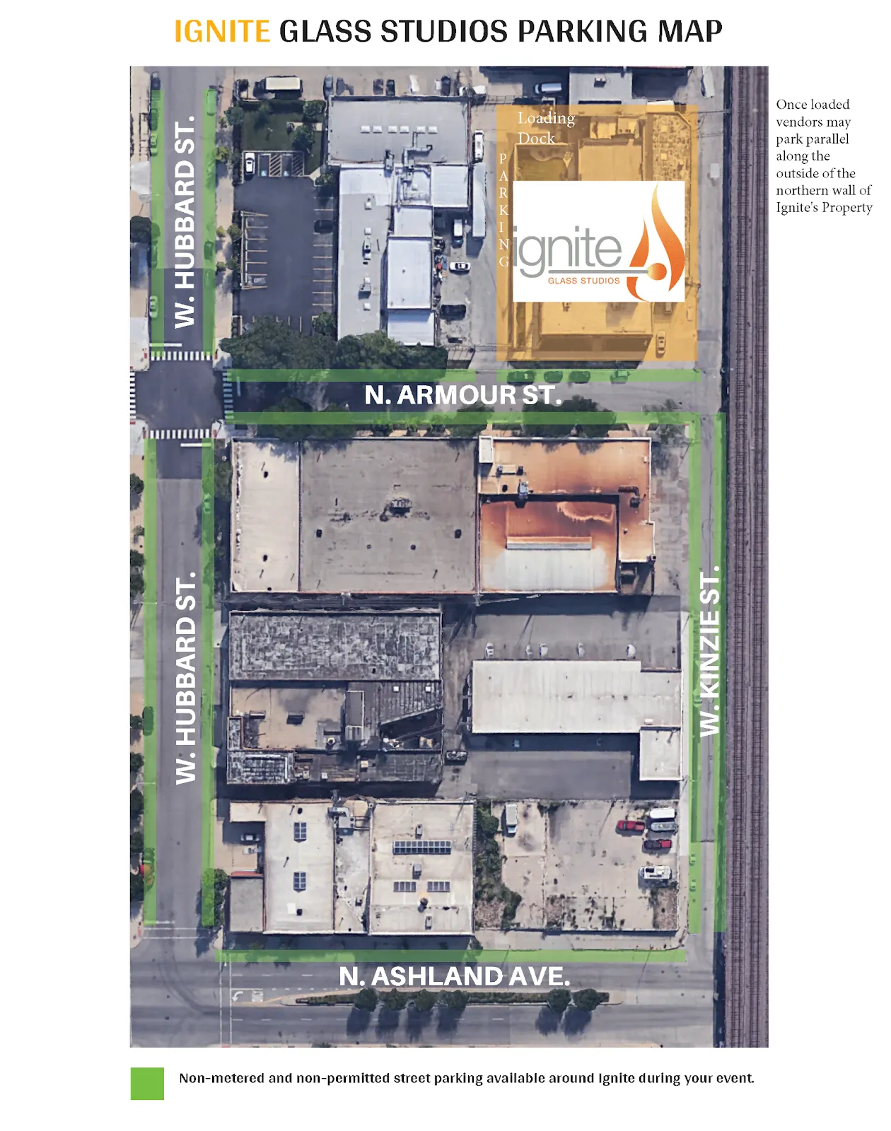 A map of unrestricted public parking around Ignite Glass Studio